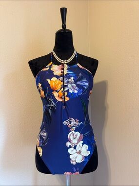 One Piece Swimsuit- Classy Floral Halter Neck Women's Top - Navy Blue